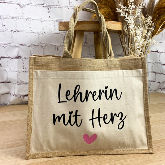 Große Jutetasche Lehrerin mit Herz mit pinkem Herzmotiv, perfekt für Schulmaterialien und als Dankeschön
