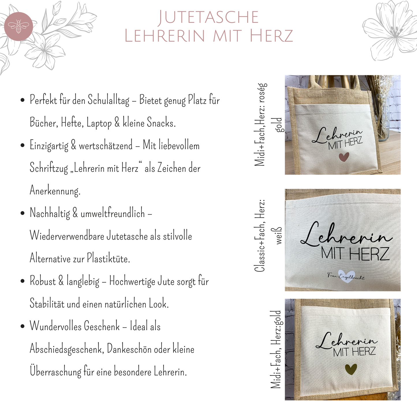 Jutetasche Lehrerin mit Herz