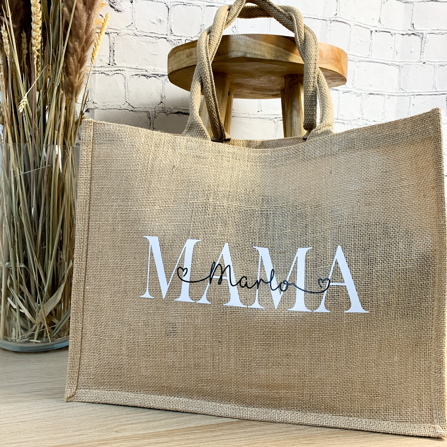 Personalisierte Jutetasche mit Aufdruck 'Mama' und Kindernamen, Geschenkidee für Mamas
