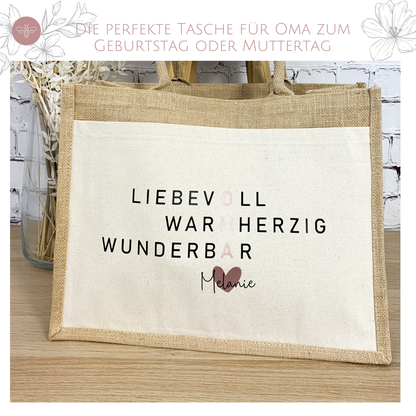 Jutetasche Classic mit Fach für Oma mit Personalisierung – individuelles und praktisches Geschenk für den Alltag.