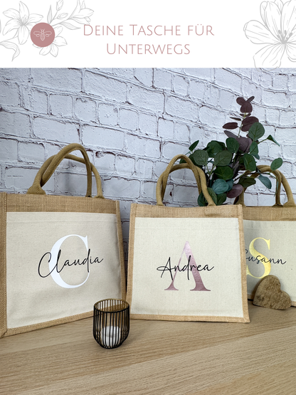Deine Jutetasche personalisiert für unterwegs – Geschenkidee mit Initiale & Name für Kollegin, Freundin oder Mama