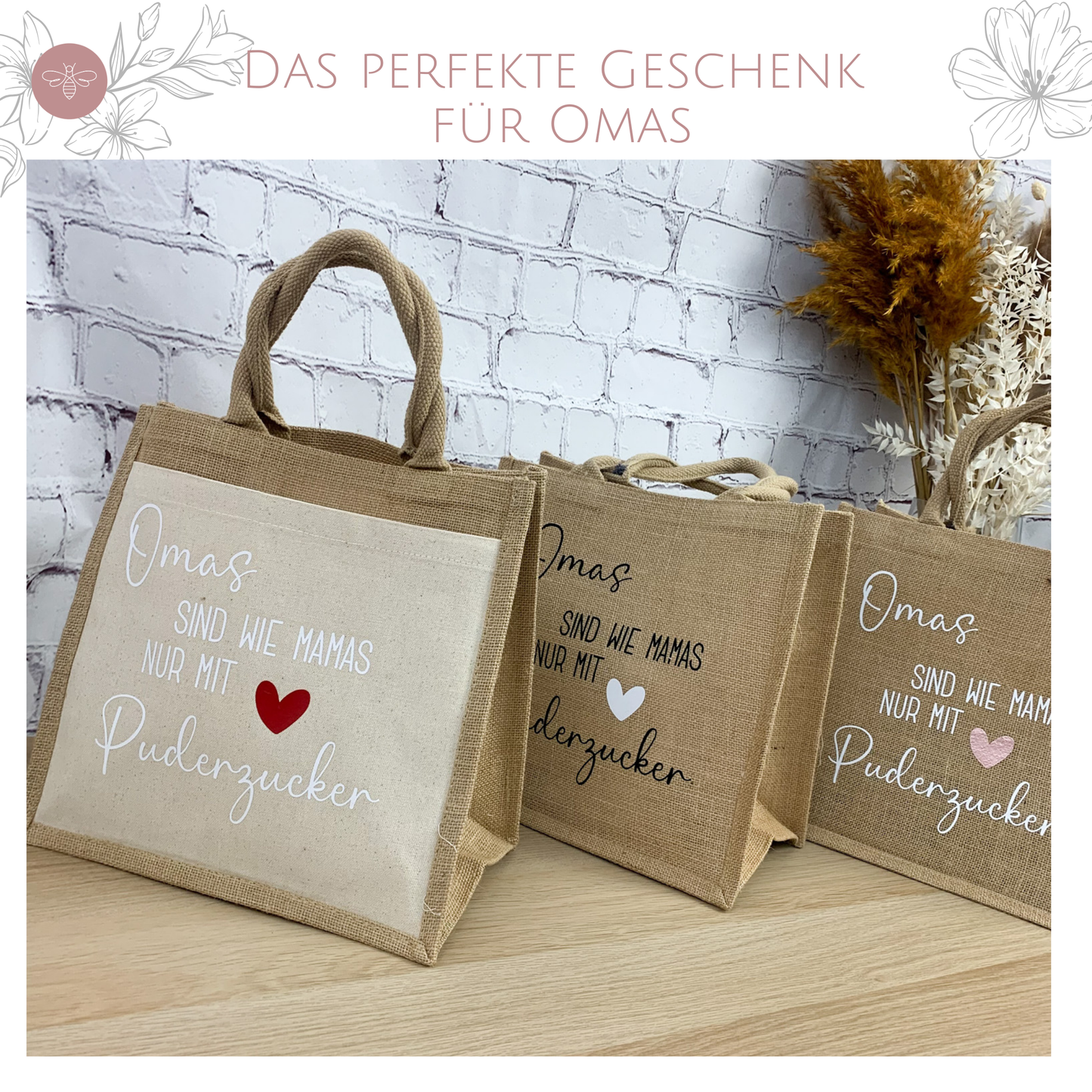 Verschiedene Jutetaschen mit Herzmotiven in Rot, Gold und Rosé – Geschenkidee für Oma.