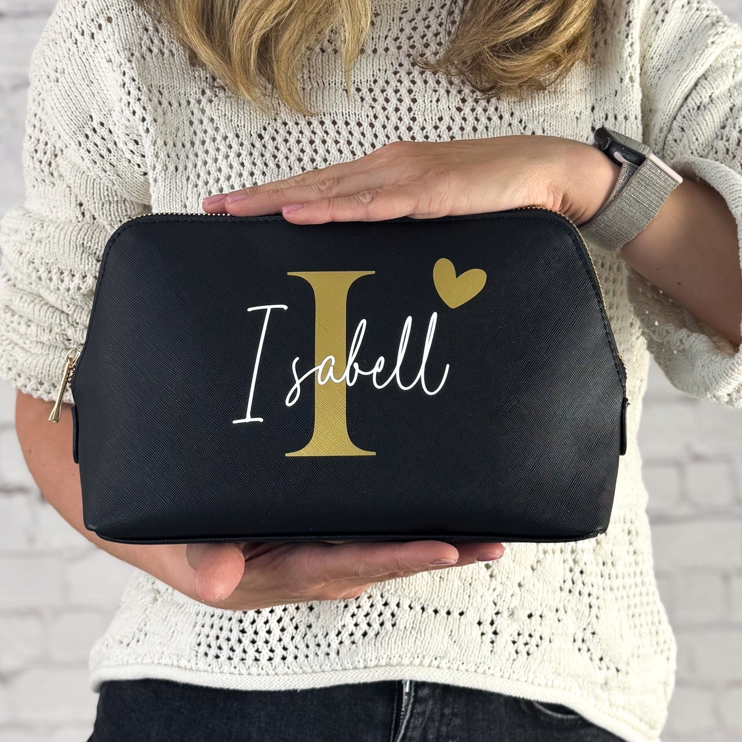 personalisierte Kosmetiktasche mit Namen, Initiale und Herz