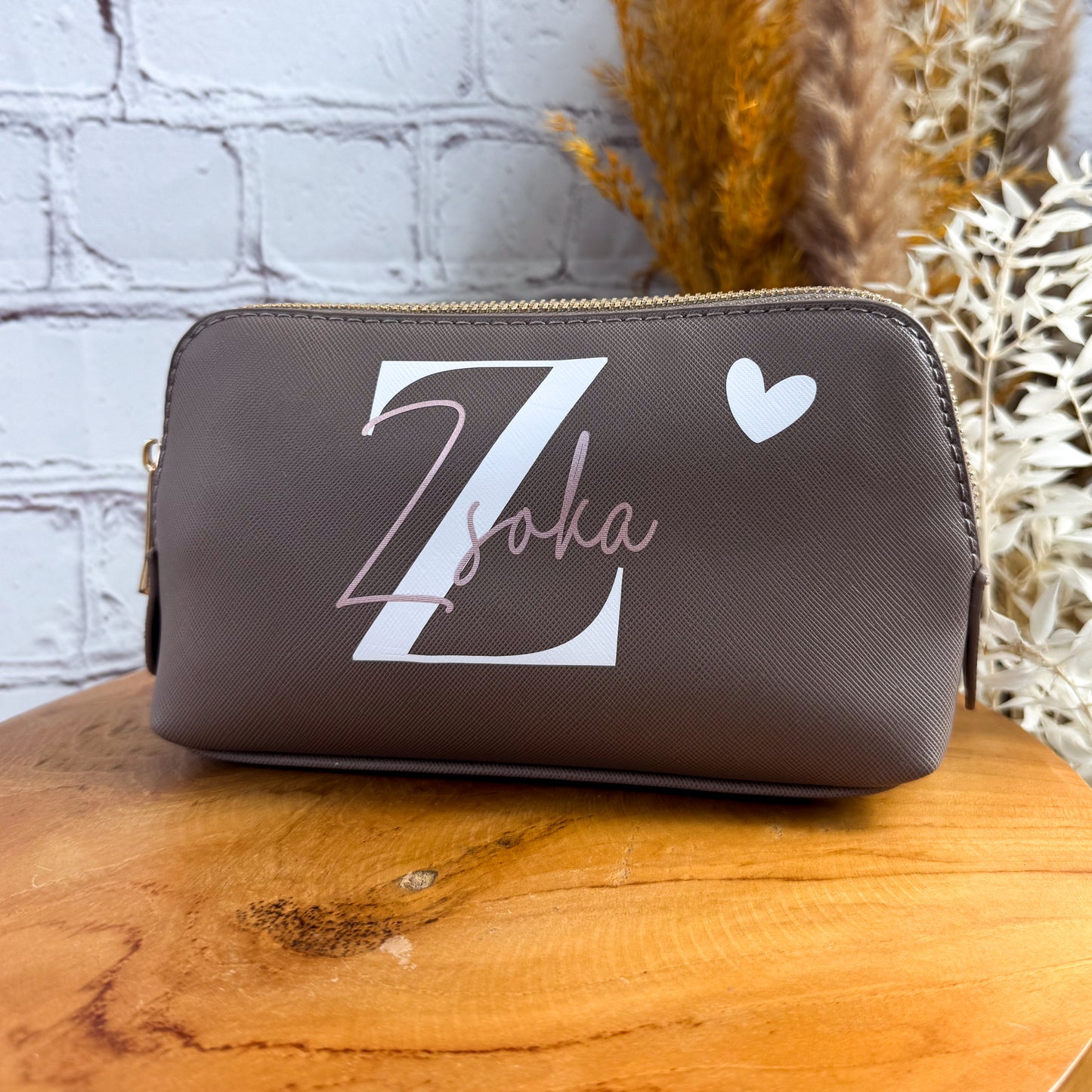 personalisierte Kosmetiktasche mit Namen, Initiale und Herz