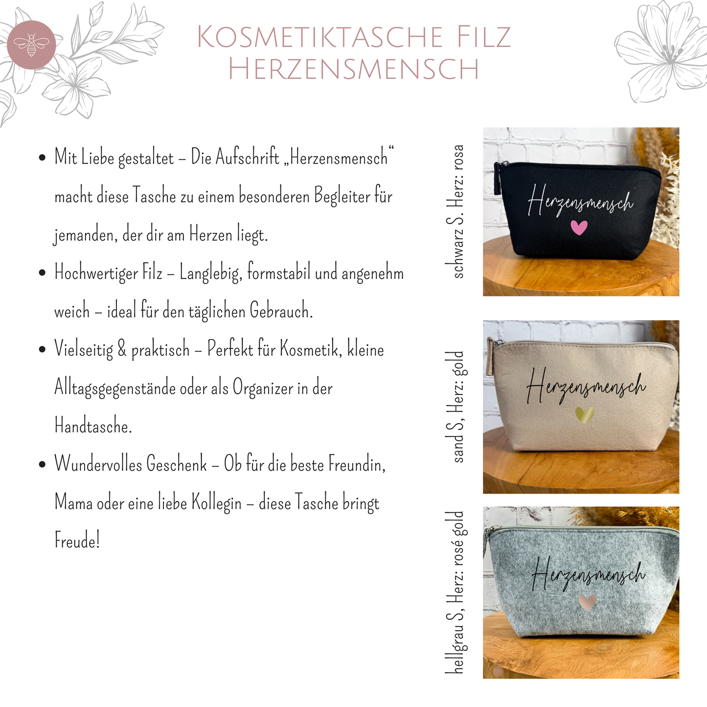 Kosmetiktasche Filz Herzensmensch - Perfekt für Kosmetik, kleine Alltagsgegenstände oder als Organizer in der Handtasche.