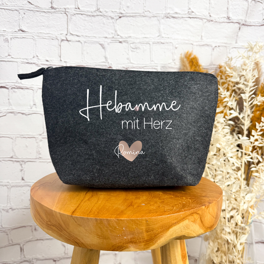 Kosmetiktasche in Anthrazit mit roségold Herz und „Hebamme mit Herz“ Schriftzug – elegantes Geschenk für Hebammen.