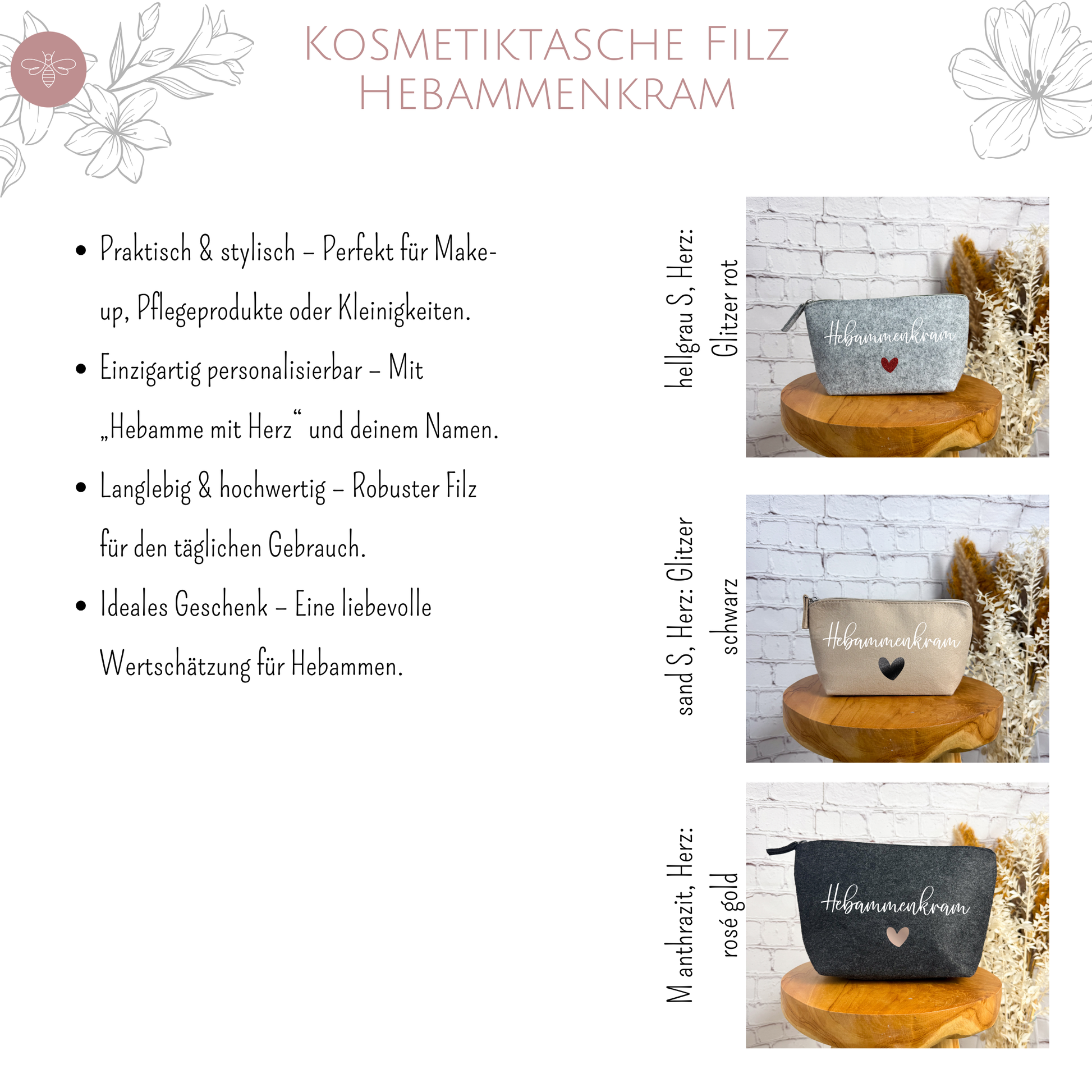 Bestseller-Kosmetiktasche aus Filz mit „Hebammenkram“ Schriftzug – hochwertig, langlebig und personalisierbar.