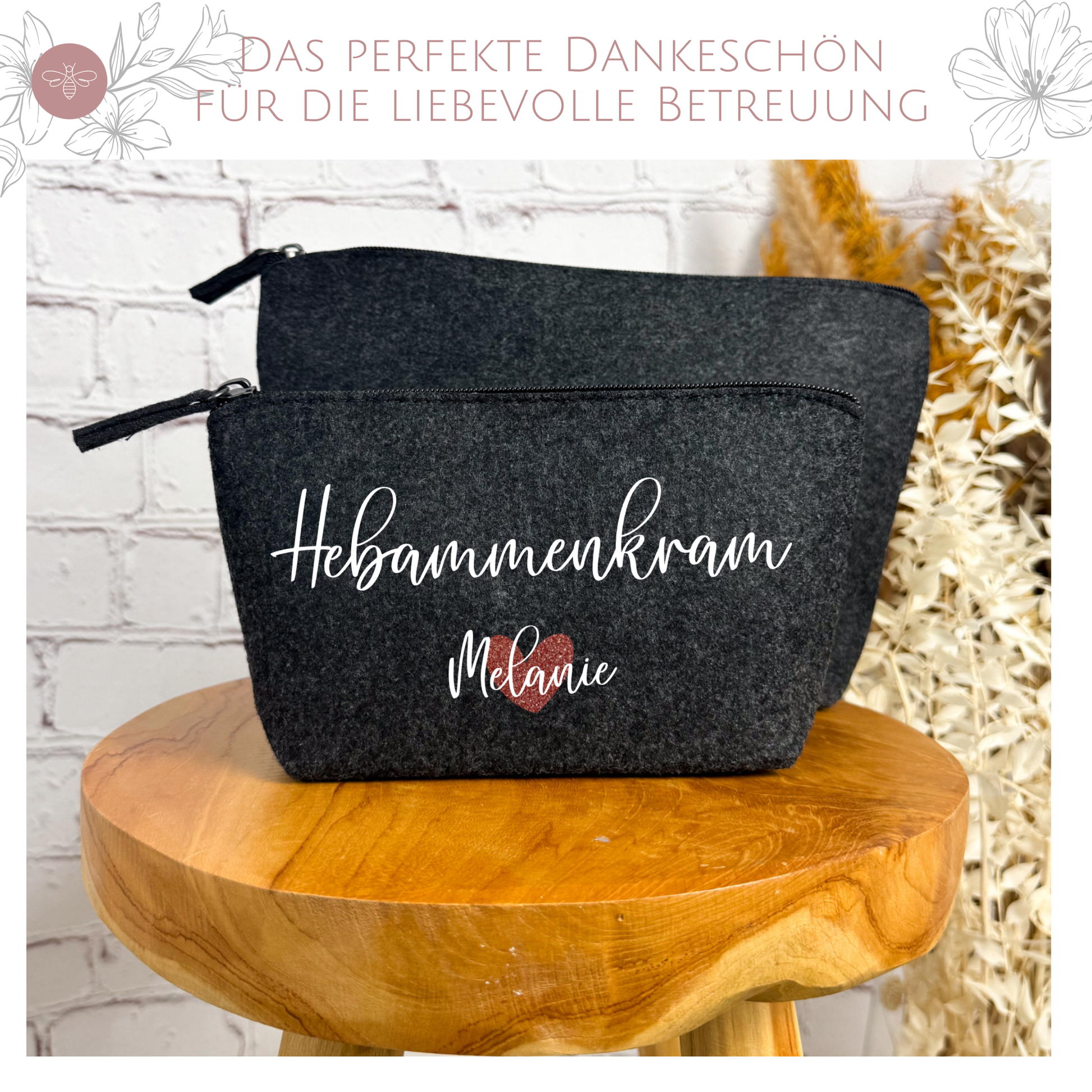 Kosmetiktasche „Hebammenkram“ mit Glitzerherz – eine besondere Aufmerksamkeit für Hebammen zur Geburt oder als Dankeschön.