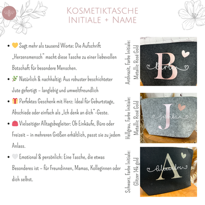 Kosmetiktasche Initiale + Name – Materialdetails und Gestaltungsbeispiele in verschiedenen Farben und Initialen.