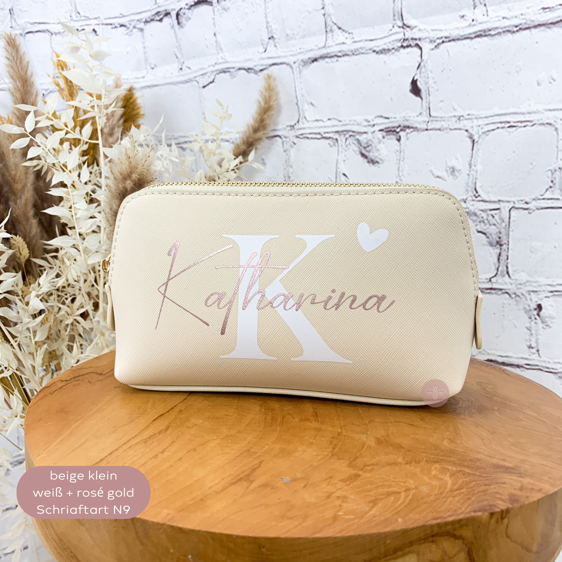 Kosmetiktasche personalisiert PU Leder Beige SueBeCreative 