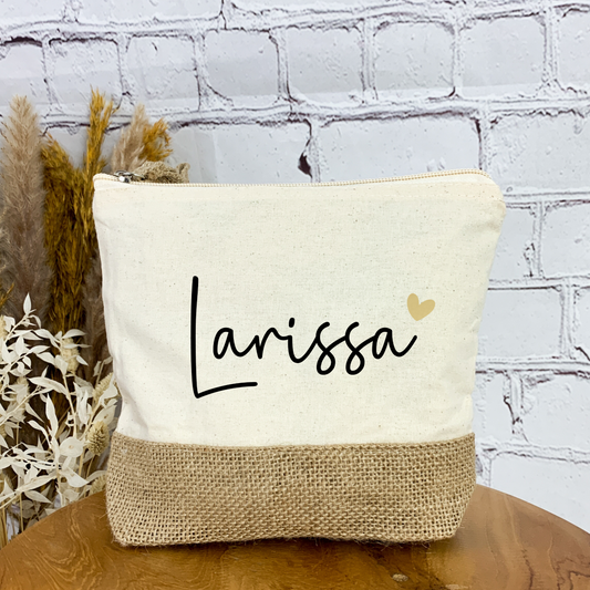 Kosmetiktasche Jute Name + Herz