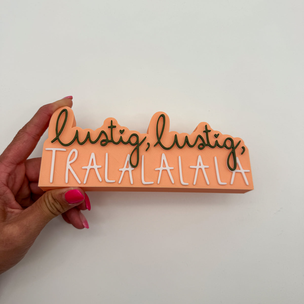 Schild „lustig lustig tralalala" in Apricot, Dunkelgrün und Weiß in einer Hand gehalten