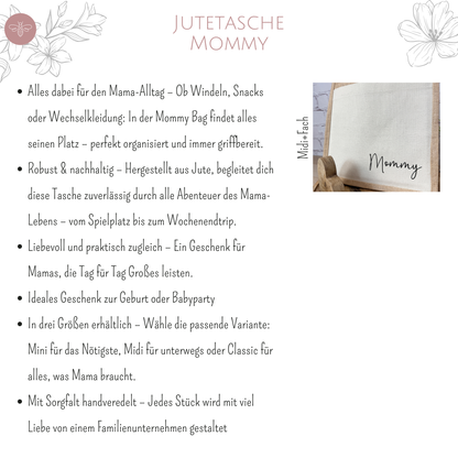 Übersicht der Vorteile der Mommy Jutetasche – ideal als Geschenk für Mamas