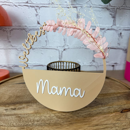 Muttertag Geschenke Mama – 3D Kranz beige mit weißem Schriftzug und rosa Trockenblumen, PLA