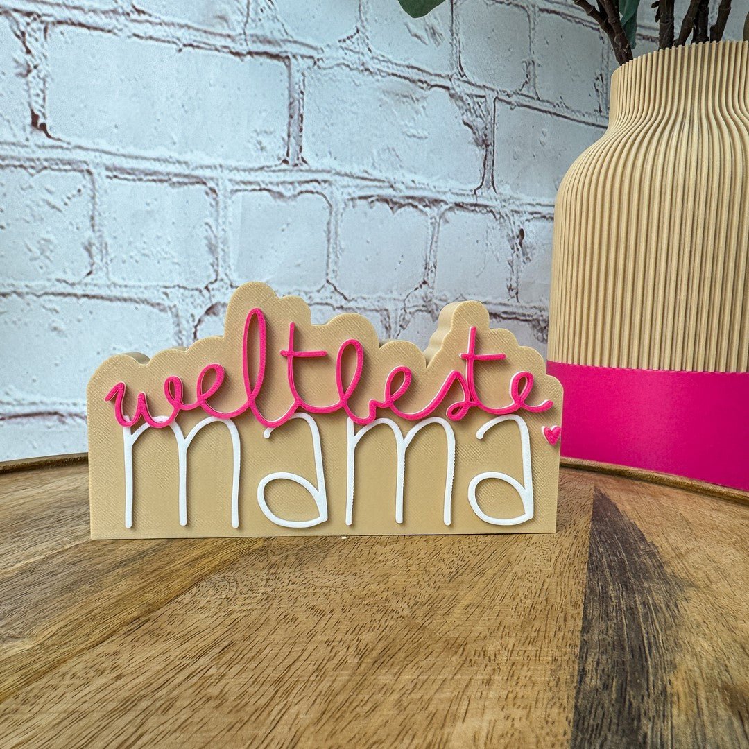 3D Schriftzug Detail „weltbeste Mama" beige-magenta-weiß PLA – elegantes Geschenk für Mama