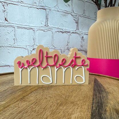 3D Schriftzug Detail „weltbeste Mama" beige-magenta-weiß PLA – elegantes Geschenk für Mama