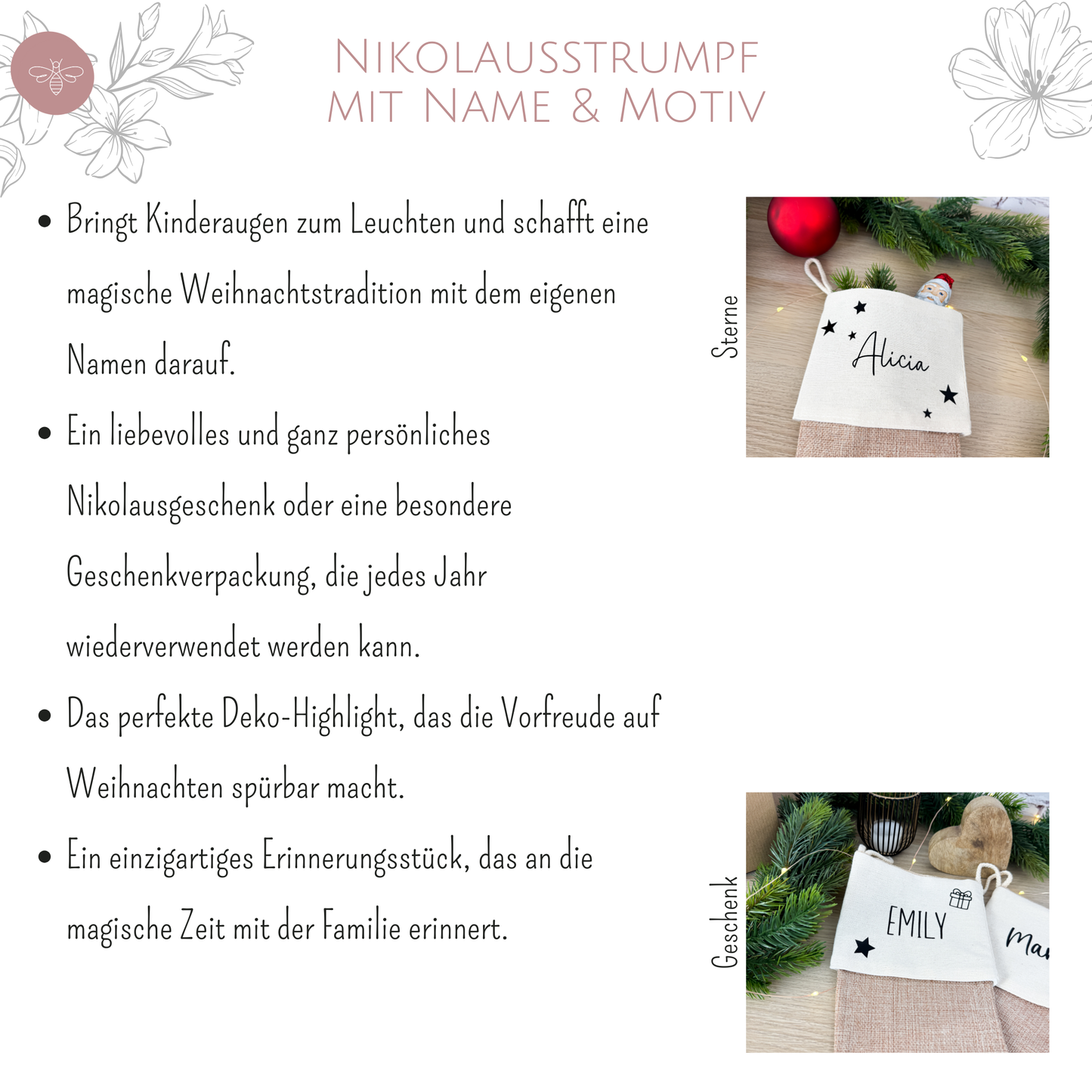Collage: Nikolaussocke mit dem Namen "Alicia" und dem Design "Sterne" sowie Bulletpoints mit den Vorteilen des Produkts.