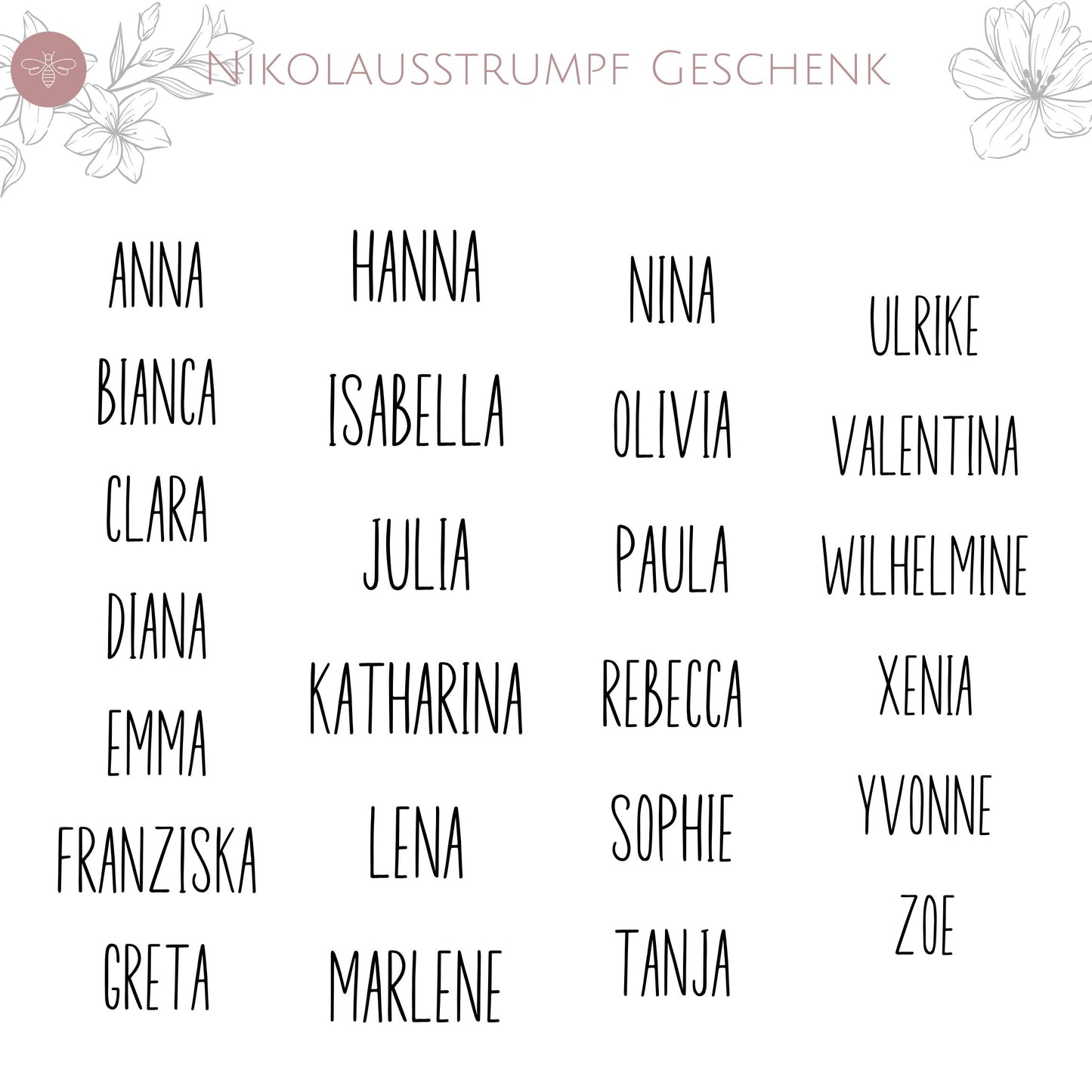 Personalisiertes Schriftbeispiel für Nikolaussocken mit verschiedenen Namen wie Anna, Hanna und Nina in der Schriftart "Geschenk".