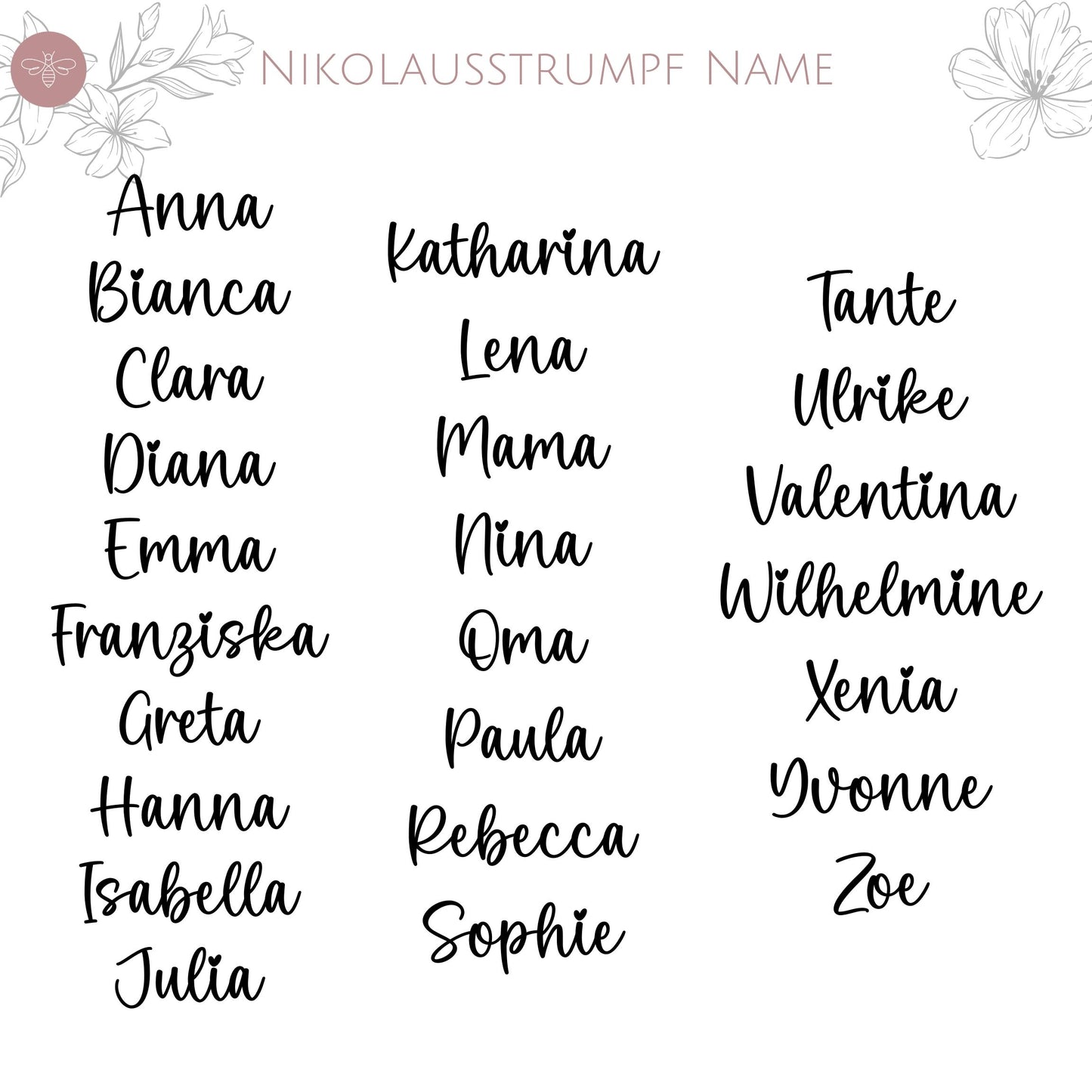 Personalisiertes Schriftbeispiel für eine Nikolaussocke mit verschiedenen Namen wie Anna, Hanna und Lena - nur Name.