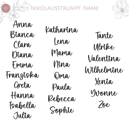 Personalisiertes Schriftbeispiel für eine Nikolaussocke mit verschiedenen Namen wie Anna, Hanna und Lena - nur Name.