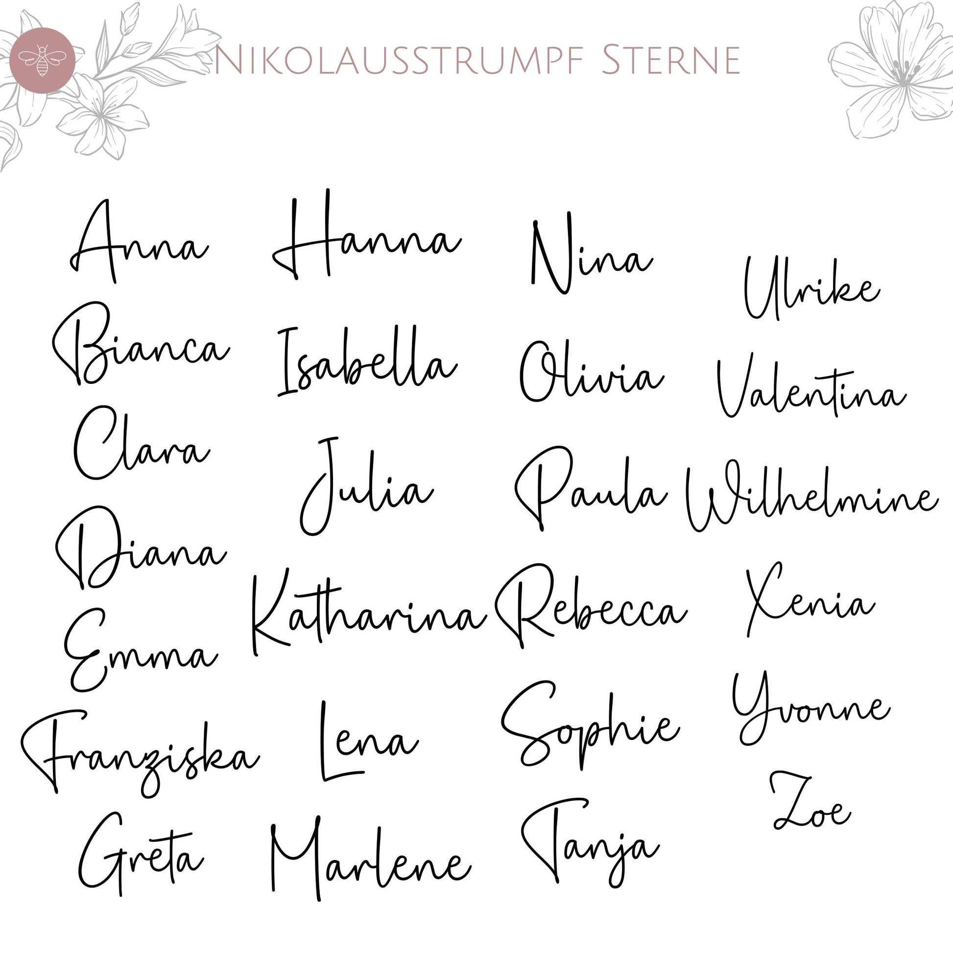 Schriftbeispiel für eine personalisierte Nikolaussocke mit verschiedenen Namen wie Bianca, Julia und Rebecca - Motiv Sterne.