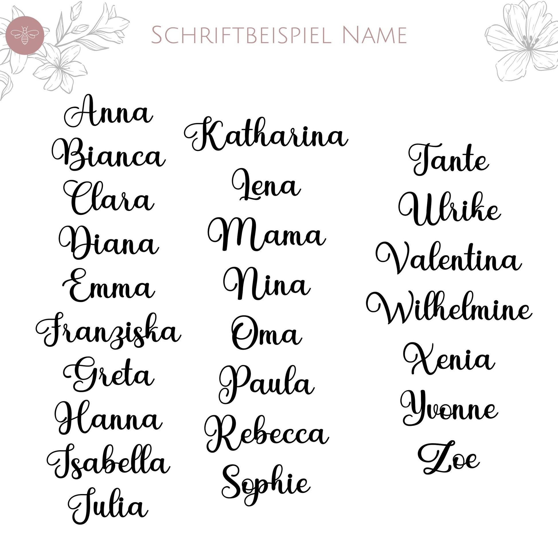Personalisiertes Schriftbeispiel für einen Nikolausstrumpf mit verschiedenen Namen wie "Anna" und "Felix" zur Auswahl.