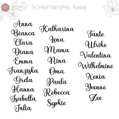 Personalisiertes Schriftbeispiel für einen Nikolausstrumpf mit verschiedenen Namen wie "Anna" und "Felix" zur Auswahl.