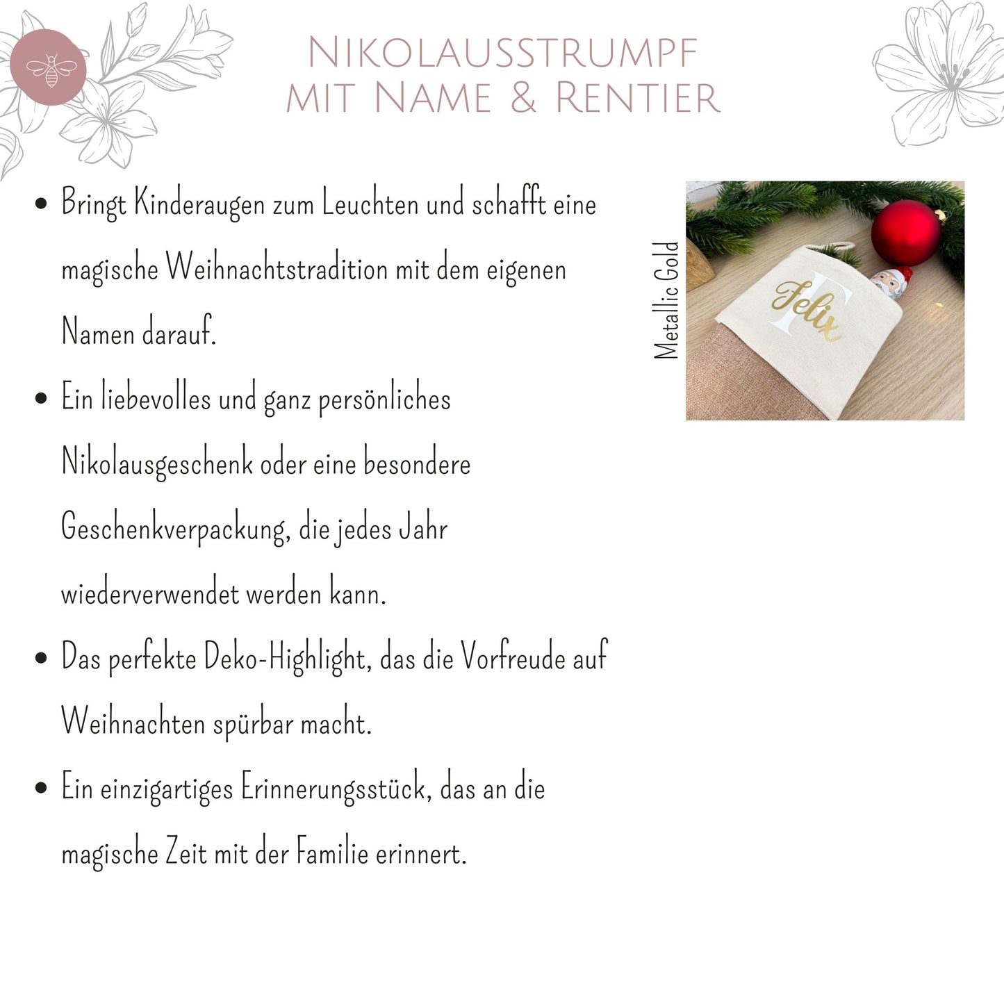 Collage: Nikolausstrumpf personalisiert mit dem Namen „Felix“ und Bulletpoints, die die emotionalen Vorteile hervorheben.