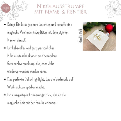 Collage: Nikolausstrumpf personalisiert mit dem Namen „Felix“ und Bulletpoints, die die emotionalen Vorteile hervorheben.