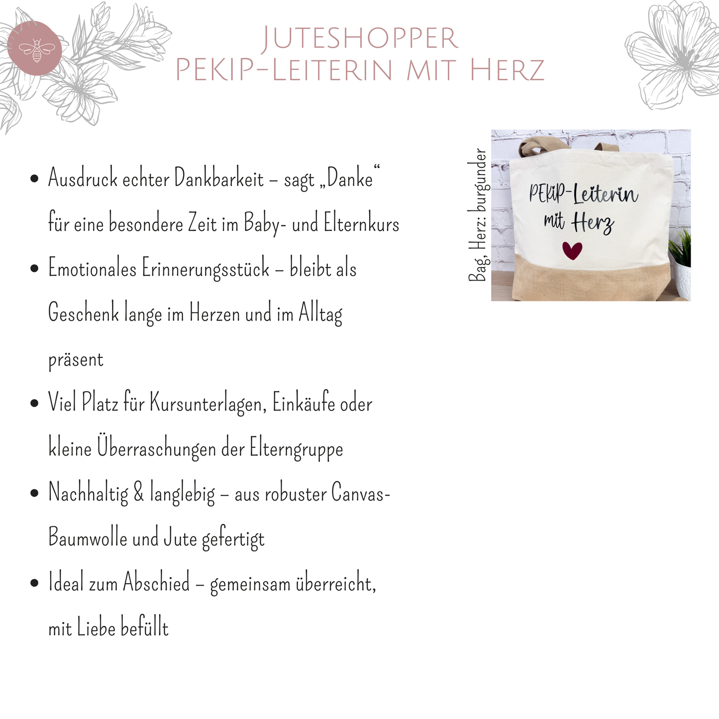 Produktvorteile PEKiP-Leiterin Tasche – Grafik mit Bulletpoints