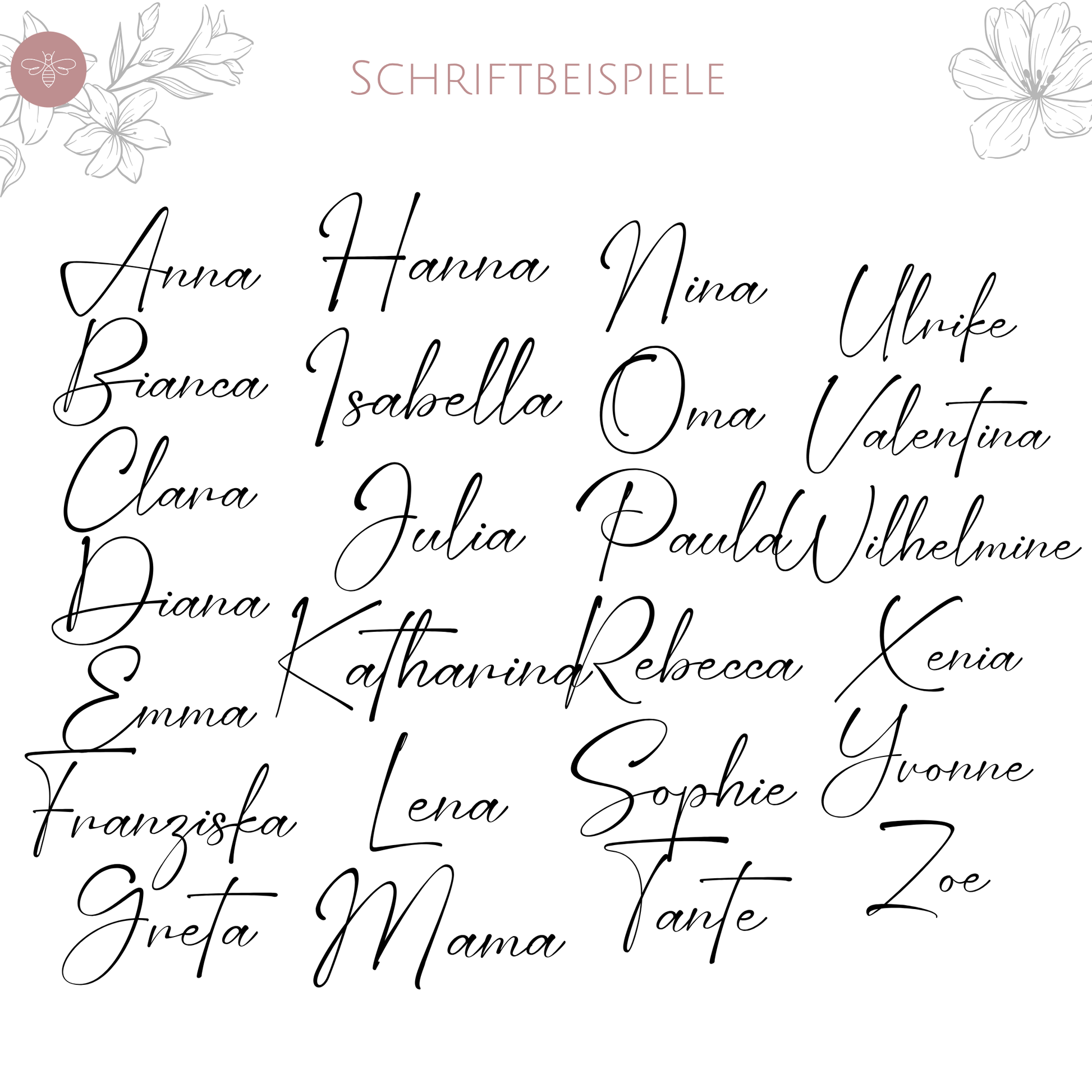 Schriftbeispiele für Personalisierungen auf der Kosmetiktasche – verschiedene Namen in eleganter Handschrift