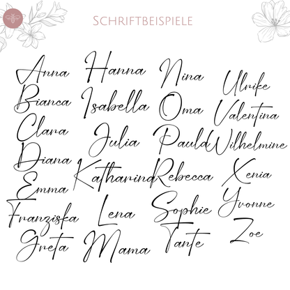 Schriftbeispiele für Personalisierungen auf der Kosmetiktasche – verschiedene Namen in eleganter Handschrift