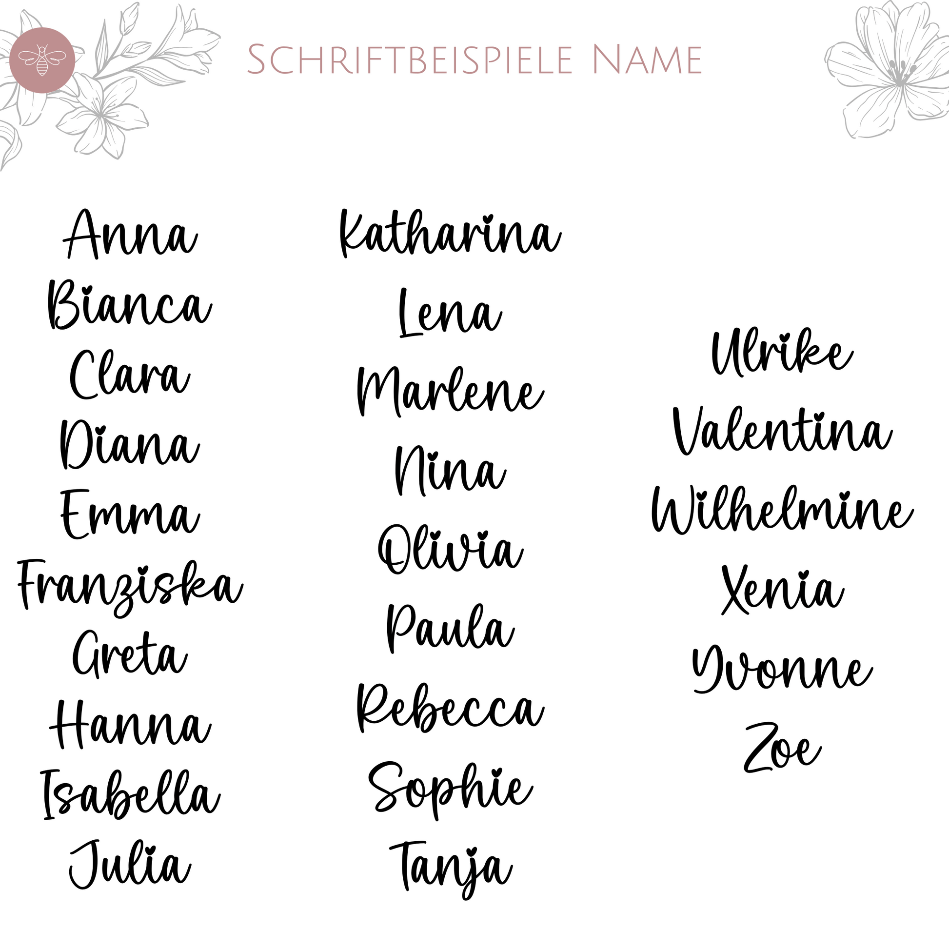 Schriftbeispiele für personalisierte Namen zur Tasche „Erzieherin mit Herz“, Handlettering-Stile für individuelle Gestaltung