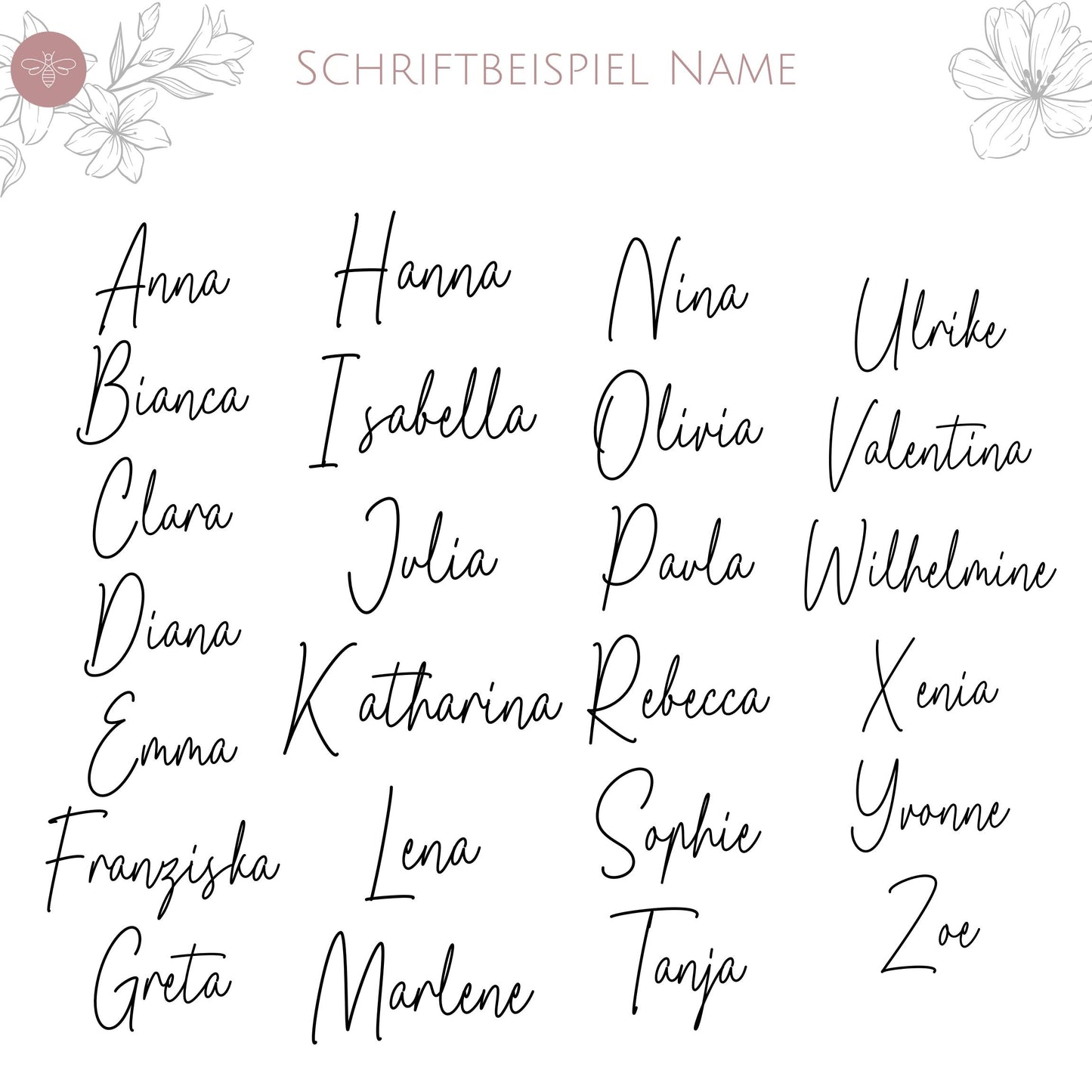 Schriftbeispiele für den Namensaufdruck auf der Nikolaussocke – elegante Handschrift in verschiedenen Namen dargestellt.