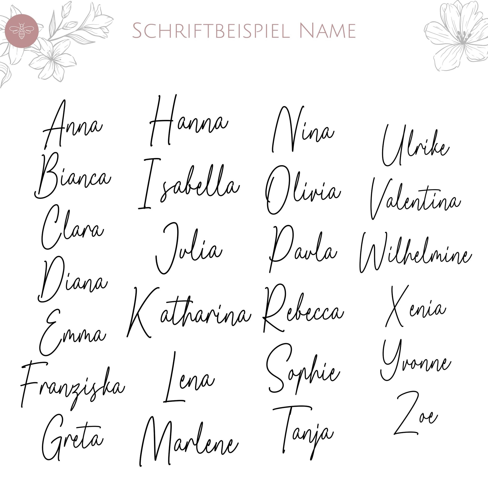 Schriftbeispiele für den Namensaufdruck auf der Nikolaussocke – elegante Handschrift in verschiedenen Namen dargestellt.