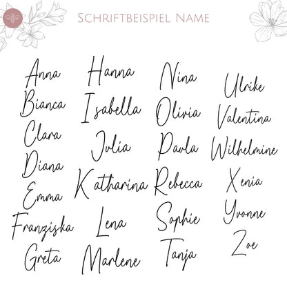 Schriftbeispiele für den Namensaufdruck auf der Nikolaussocke – elegante Handschrift in verschiedenen Namen dargestellt.