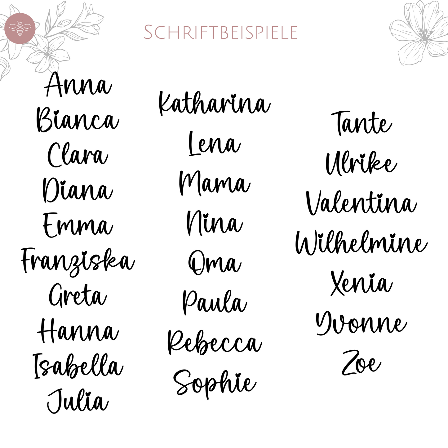 Beispiel-Schriftarten für Personalisierung – verschiedene Namen dargestellt