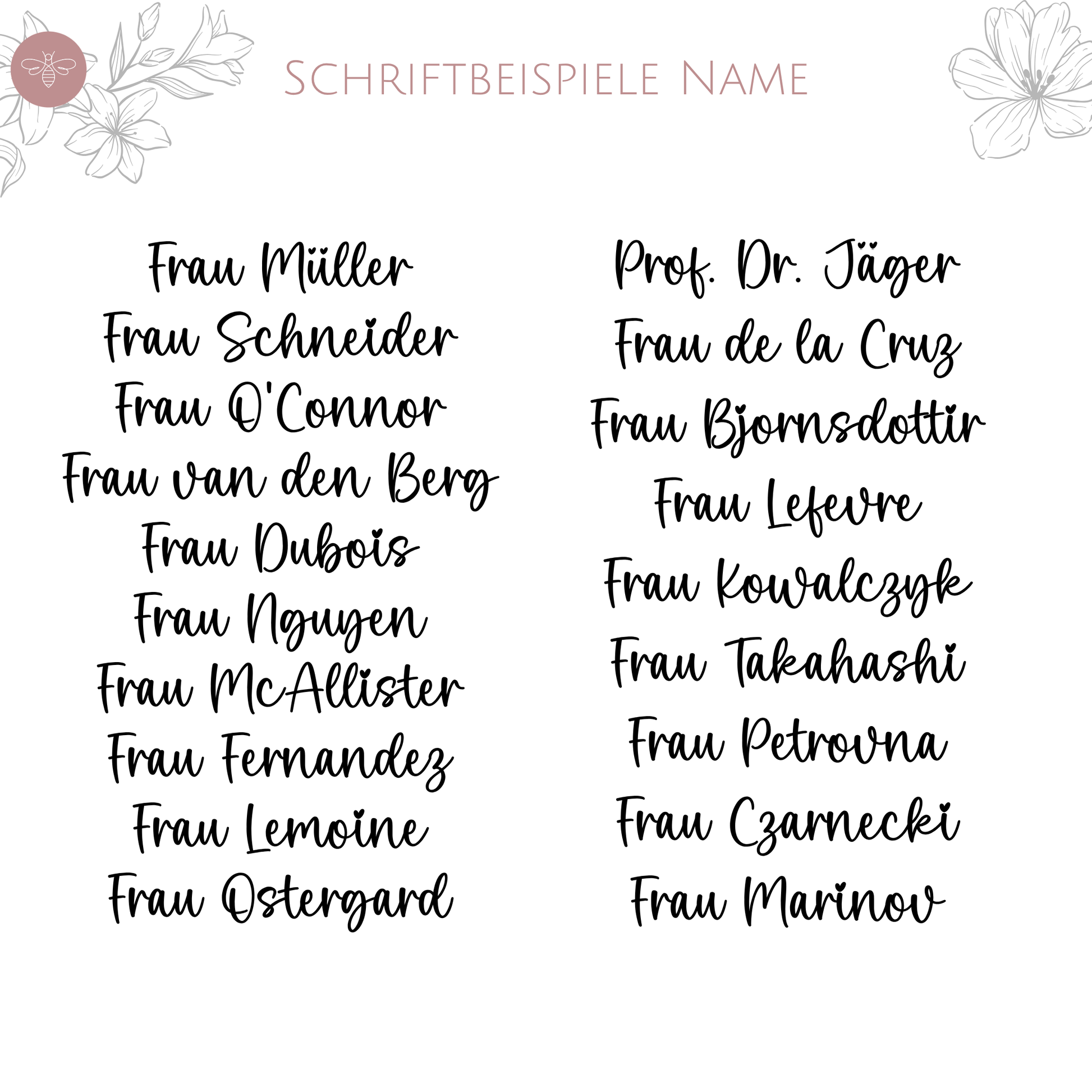 Schriftbeispiele für personalisierte Namen auf Filztasche Frau mit Klasse