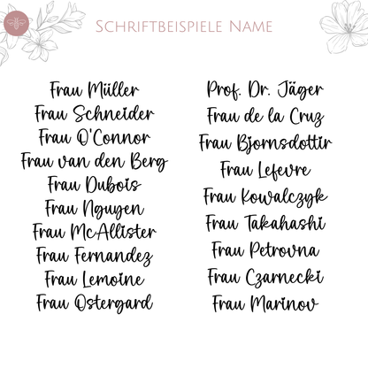 Schriftbeispiele für personalisierte Namen auf Filztasche Frau mit Klasse