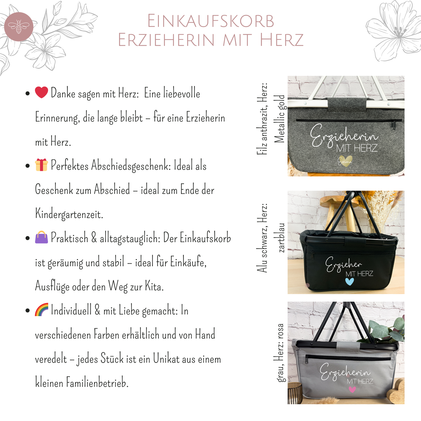 Produktübersicht verschiedener personalisierter Einkaufskörbe für Erzieherinnen – ideal zum Abschiedsgeschenk für den Kitaabschluss.