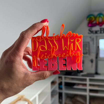 3D Spruch „Voll schön, dass wir gleichzeitig leben“ in Rosa, Orange und Gelb, Nahaufnahme in der Hand