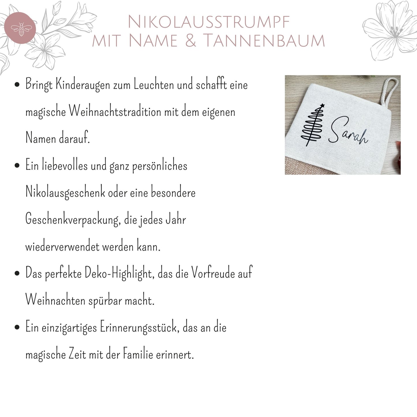 Produktvorteile des Nikolausstrumpfs mit Namen – emotional, wiederverwendbar und liebevoll gestaltet als Weihnachtsgeschenk.