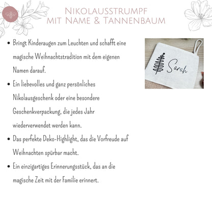 Produktvorteile des Nikolausstrumpfs mit Namen – emotional, wiederverwendbar und liebevoll gestaltet als Weihnachtsgeschenk.