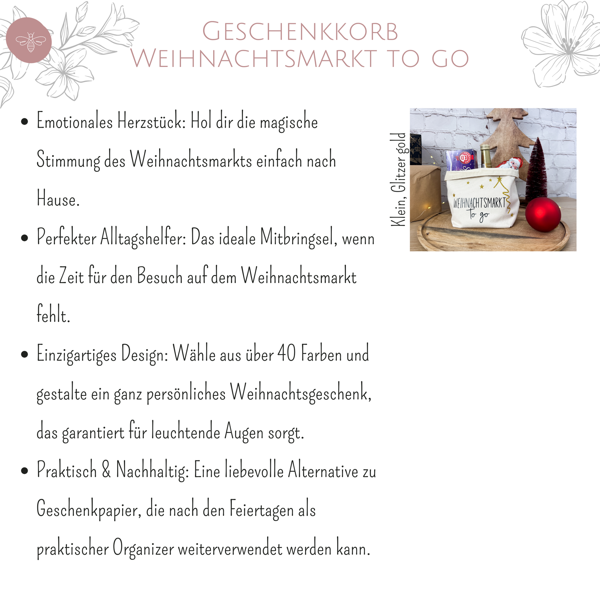 Nahaufnahme des Geschenkkorbs "Weihnachtsmarkt to go" mit einem Schokoladen-Weihnachtsmann. Ein liebevoller Geschenkkorb für die Familie.