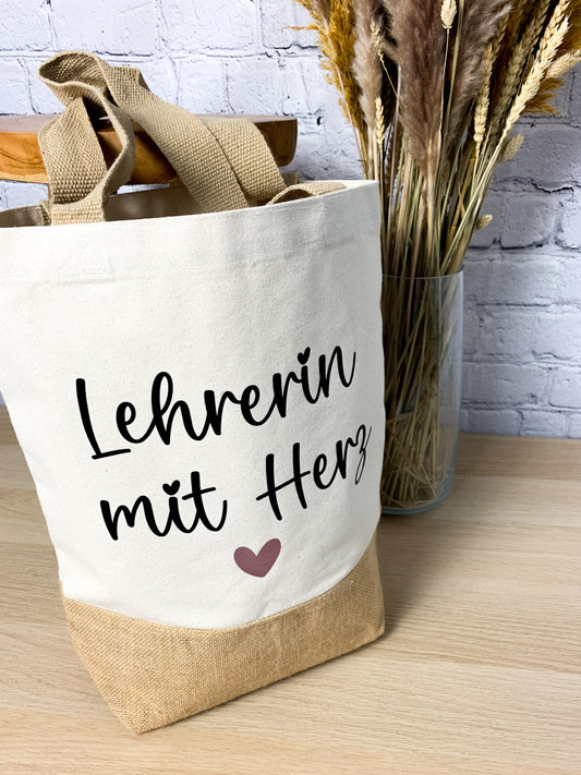 Baumwolljuteshopper Lehrerin mit Herz